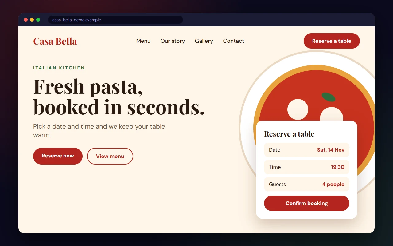 Sample website design: Italian restaurant booking site
